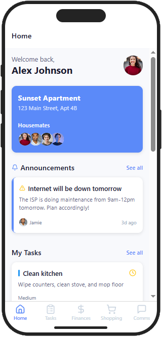 HomeCo dashboard showing household overview with tasks, bills, and announcements